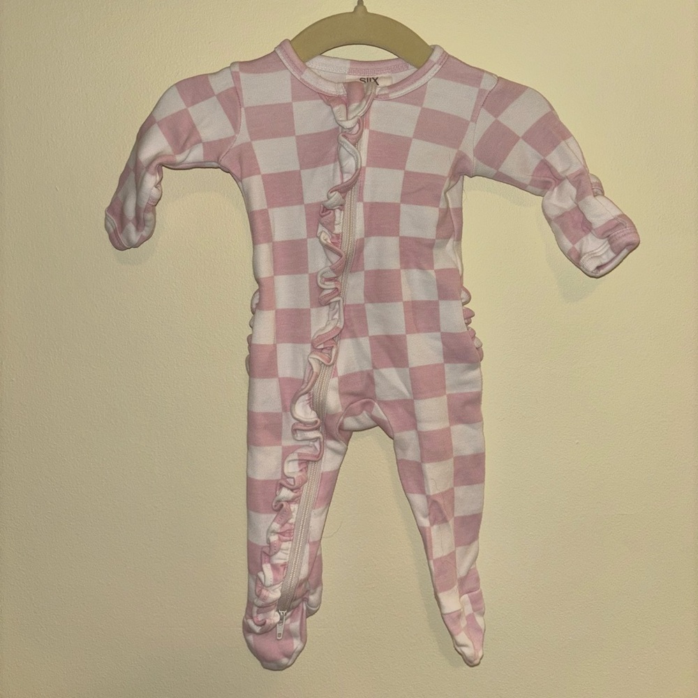 SIIX Collection Pink Checker Baby Girls’ Ruffle Two-Way Zipper Footie Onesie